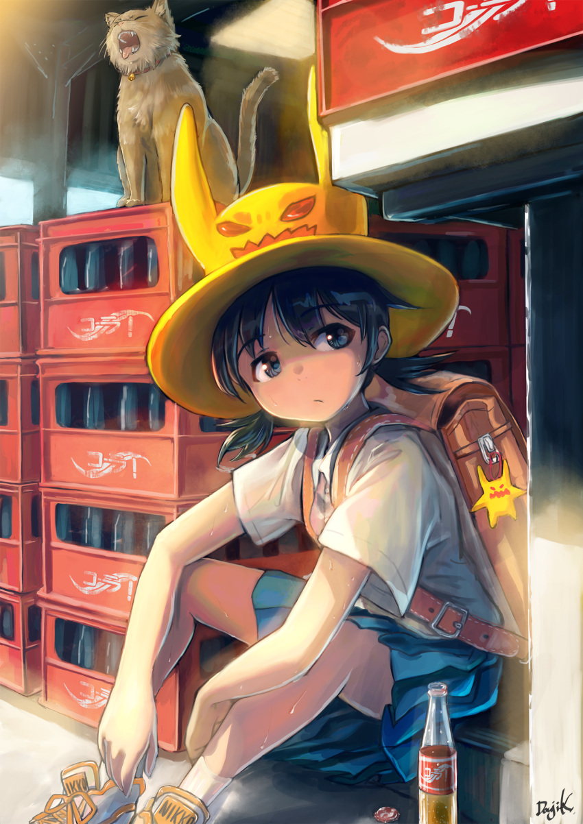 1girl backpack bag black_eyes black_hair blue_skirt bottle_cap brand_name_imitation cat coca-cola crate hat highres kuroneko_douji orange_footwear original outdoors pleated_skirt randoseru shoes short_hair short_sleeves sitting skirt sneakers socks soda_bottle sweat twintails white_footwear white_legwear yellow_headwear