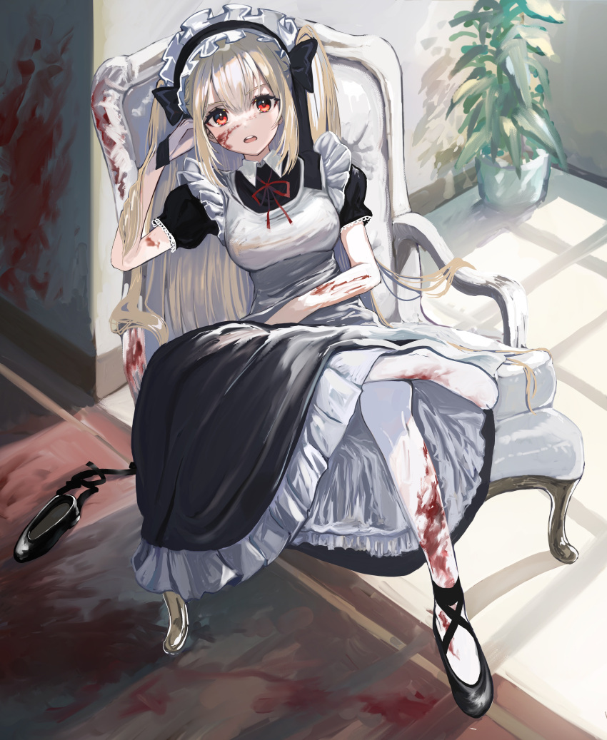 1girl absurdres apron black_dress black_footwear blood blood_on_arm blood_on_clothes blood_on_ground blood_on_wall commentary_request dress elbow_rest hand_up highres indoors light_brown_hair long_hair looking_at_viewer maid maid_apron maid_headdress nanaponi neck_ribbon on_chair open_mouth original pantyhose plant potted_plant puffy_short_sleeves puffy_sleeves red_eyes red_neckwear ribbon shoes shoes_removed short_sleeves single_shoe sitting solo two_side_up upper_teeth white_legwear