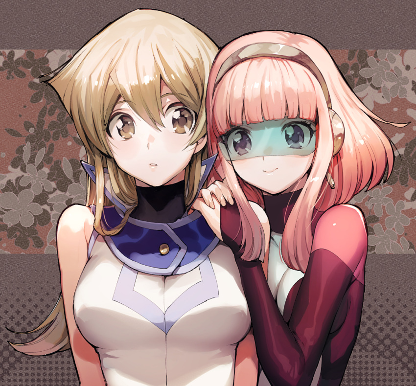 2girls aoki_(fumomo) bangs blonde_hair bodysuit breasts cyber_tutu duel_academy_uniform_(yu-gi-oh!_gx) duel_monster eyebrows_visible_through_hair floral_background hair_between_eyes hairband hand_on_another's_shoulder large_breasts long_hair multiple_girls open_mouth pink_bodysuit pink_eyes pink_hair short_hair sleeveless smile tenjouin_asuka yellow_eyes yu-gi-oh! yu-gi-oh!_gx