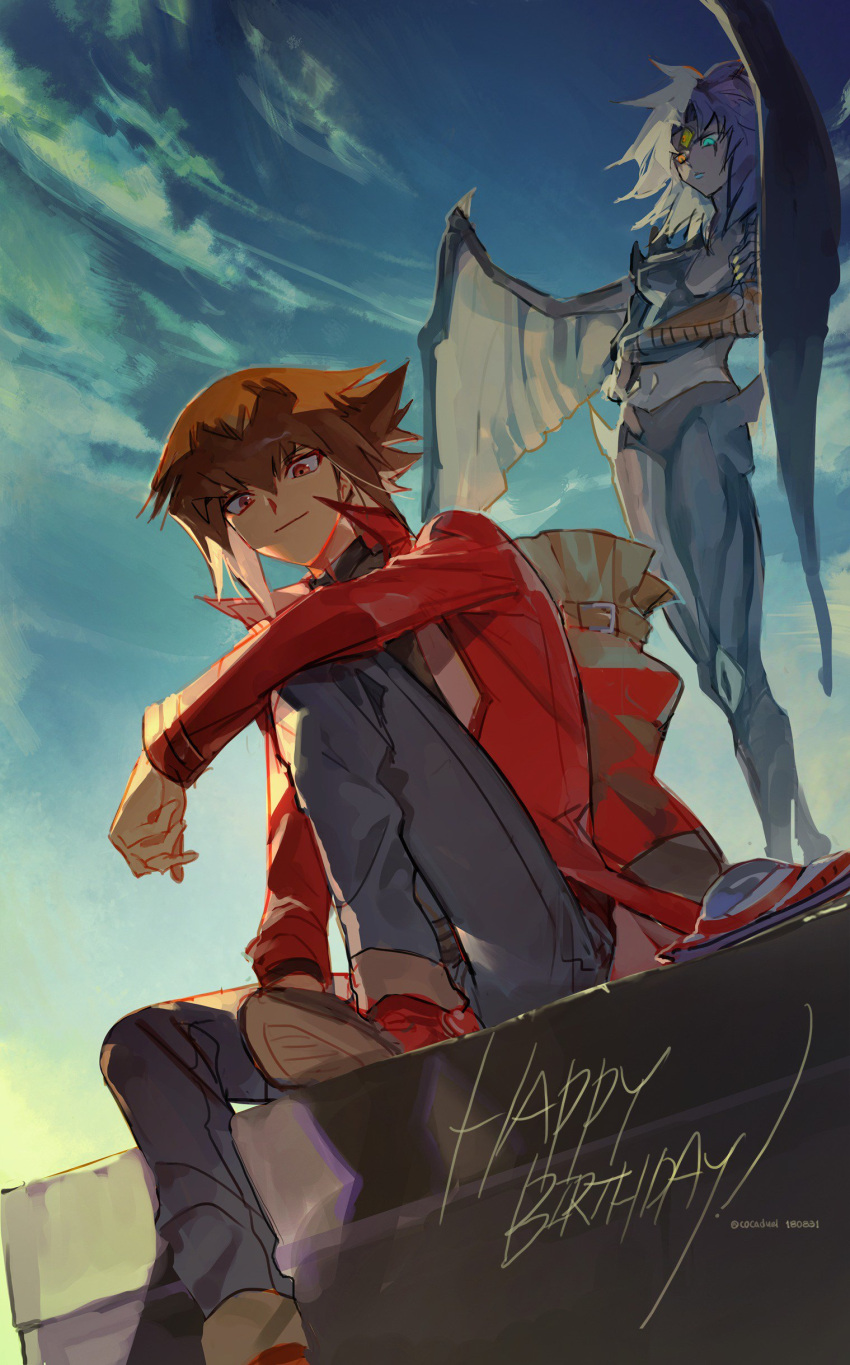 1boy 1other absurdres bag bangs breasts brown_hair cocaduel demon_wings denim elbow_rest hair_between_eyes happy_birthday highres jacket jeans knee_up light_brown_hair long_sleeves male_focus multicolored_hair navel open_clothes open_jacket pants pectorals red_jacket school_uniform shoes short_hair sidelocks sky smile standing third_eye two-tone_hair wings yu-gi-oh! yu-gi-oh!_gx yubel yuuki_juudai