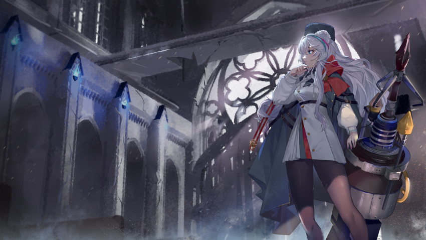 1girl arknights black_legwear blue_cape blue_eyes blue_hair blue_headwear blue_neckwear bow buttons cape church coat commentary_request feet_out_of_frame harpoon_gun hat highres hongbaise_raw indoors long_hair looking_to_the_side multicolored_hair necktie pantyhose parted_lips pink_nails red_bow redhead rosa_(arknights) russian_commentary solo streaked_hair white_coat white_hair