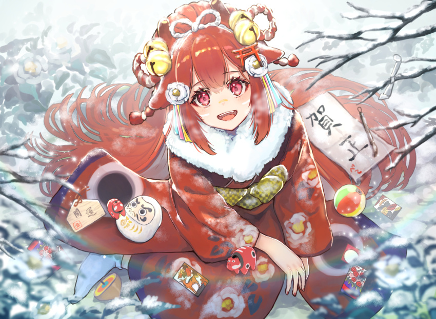 1girl animal_ears bell blue_ribbon bow branch commentary_request eyebrows_visible_through_hair flower fur-trimmed_kimono fur_trim hair_bell hair_bow hair_flower hair_ornament hair_ribbon japanese_clothes kimono long_sleeves looking_at_viewer nanaponi obi open_mouth original outdoors pink_ribbon red_eyes red_kimono red_nails ribbon rope sash shimenawa sitting smile snow solo tagme torii upper_teeth white_flower yellow_ribbon