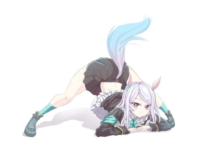 abineko absurdres animal_ears english_commentary full_body highres horse_ears horse_girl horse_tail jack-o'_challenge long_hair looking_at_viewer mejiro_mcqueen_(umamusume) pose purple_hair shoes simple_background smile spread_legs tail umamusume violet_eyes white_background