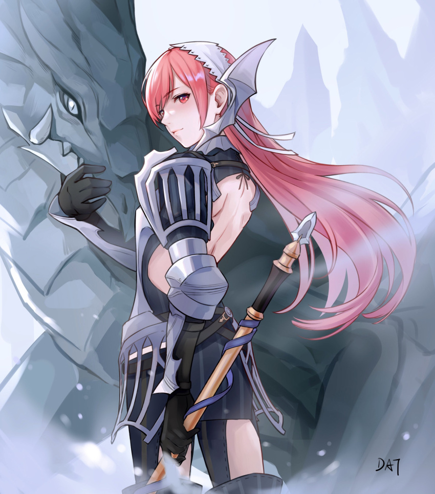 1girl absurdres arm_guards armor armored_dress artist_name axe back back_cutout backless_dress backless_outfit bangs bare_back black_gloves blue_dress cherche_(fire_emblem) closed_mouth clothing_cutout commentary_request da-cart dragon dress elbow_gloves eyebrows_visible_through_hair fire_emblem fire_emblem_awakening floating_hair from_behind gloves hair_between_eyes highres holding holding_axe holding_weapon lips long_hair looking_at_viewer maid_headdress pink_eyes pink_hair pink_lips puffy_sleeves shoulder_armor sidelocks signature slit_pupils striped thigh_cutout vertical_stripes weapon wing_hair_ornament wyvern