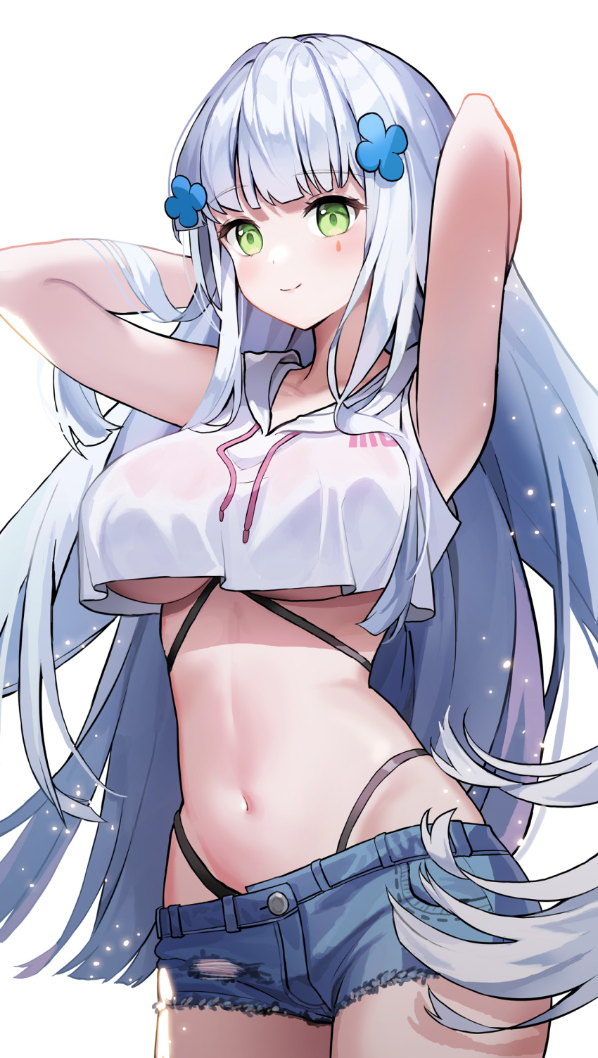 1girl armpits arms_behind_head arms_up bare_arms bare_shoulders blue_shorts breasts cowboy_shot crop_top crop_top_overhang cross_hair_ornament cutoffs denim denim_shorts drawstring facial_mark girls_frontline green_eyes hair_ornament highleg highres hk416_(girls_frontline) hyoin large_breasts long_hair looking_at_viewer midriff navel shirt short_shorts shorts simple_background sleeveless sleeveless_shirt smile solo stomach torn_clothes torn_shorts under_boob very_long_hair white_background white_hair white_shirt