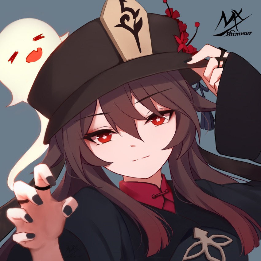 1girl arm_up artist_name bangs black_headwear black_jacket black_nails brown_hair closed_mouth eyebrows_visible_through_hair flower flower-shaped_pupils genshin_impact ghost grey_background hair_between_eyes hand_on_headwear hand_up hat hat_flower highres hu_tao_(genshin_impact) jacket long_hair long_sleeves nail_polish red_eyes red_flower red_shirt shimmer shirt signature simple_background sleeves_past_wrists smile solo upper_body wide_sleeves