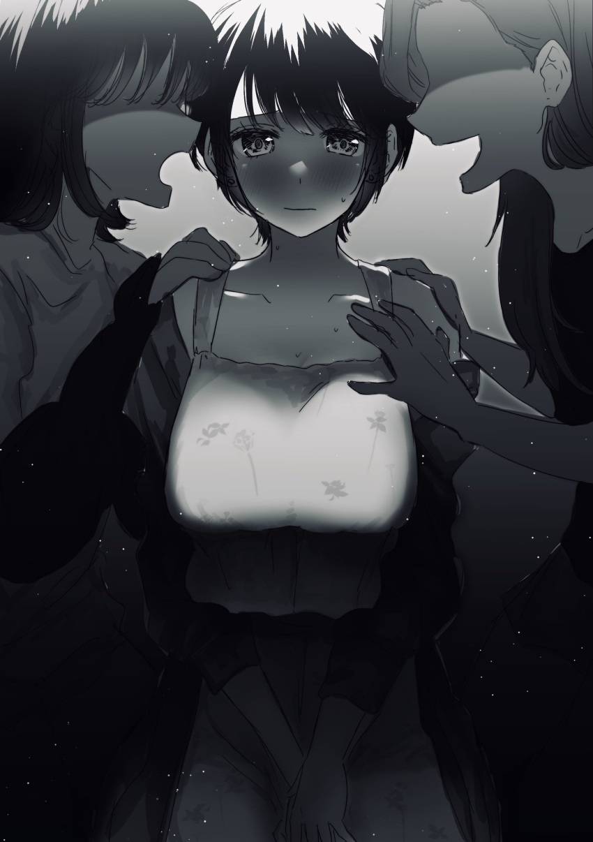3girls breasts faceless faceless_female greyscale hand_on_another's_shoulder highres inuzuka_miwa large_breasts light monochrome multiple_girls shadow standing sweatdrop tsukiatte_agetemo_ii_kana v_arms
