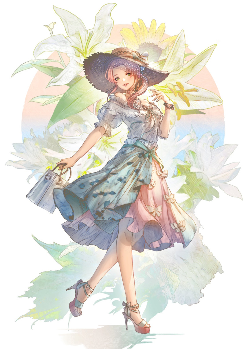 1girl animal_print bag bracelet butterfly_print earrings floral_background floral_print flower from_side full_body handbag hat high_heels highres jewelry lily_(flower) off-shoulder_shirt off_shoulder original pink_hair puffy_sleeves sandals see-through shirt short_sleeves shukei skirt solo straw_hat twintails white_background yellow_eyes