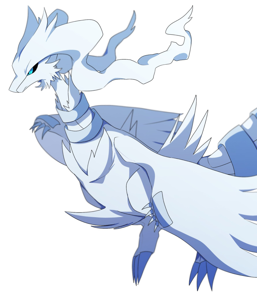 black_sclera blue_eyes blurry claws colored_sclera commentary_request gen_5_pokemon highres kou11021301 legendary_pokemon no_humans pokemon pokemon_(creature) reshiram simple_background solo white_background white_fur