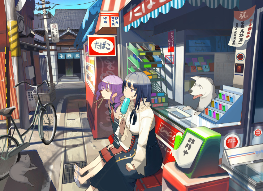 2girls absurdres afterimage alley animal bang_dream! bangs bench bicycle black_hair black_shirt black_skirt breasts building cat closed_eyes commentary_request day dog eyebrows_visible_through_hair feet_out_of_frame food grey_footwear ground_vehicle high-waist_skirt highres holding holding_food huge_filesize kasa_list long_hair long_sleeves medium_breasts multiple_girls outdoors popsicle purple_hair red_skirt sandals shirokane_rinko shirt sitting skirt sleeves_past_wrists sweat translation_request twintails udagawa_ako violet_eyes white_shirt