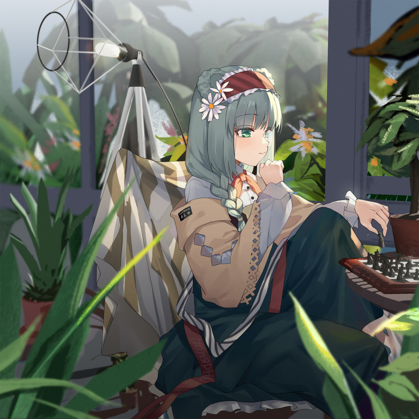 1girl animal_ears arknights bear_ears blue_hair bow bowtie braid brown_jacket chess_piece chessboard chinese_commentary commentary_request flower green_eyes green_skirt hair_flower hair_ornament hairband highres hongbaise_raw indoors istina_(arknights) istina_(bibliosmia)_(arknights) jacket knee_up long_hair long_skirt official_alternate_costume orange_neckwear plant playing_games potted_plant red_hairband shirt single_braid sitting skirt solo table white_flower white_shirt