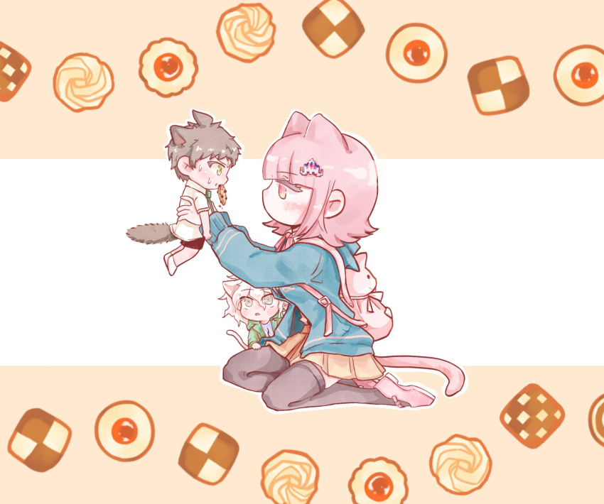 :o ahoge animal_ears bangs black_legwear blunt_bangs blush brown_background candy cat_boy cat_ears cat_tail collared_shirt commentary_request cookie dangan_ronpa_(series) dangan_ronpa_2:_goodbye_despair food food_in_mouth from_side galaga green_jacket highres hinata_hajime holding holding_another jacket komaeda_nagito lollipop looking_at_another looking_up medium_hair miniboy miniskirt mouth_hold nanami_chiaki nappeungae_(motdan_gae) necktie pink_footwear pink_hair pleated_skirt shiny shiny_hair shirt shoes skirt sweat tail thigh-highs white_background white_shirt