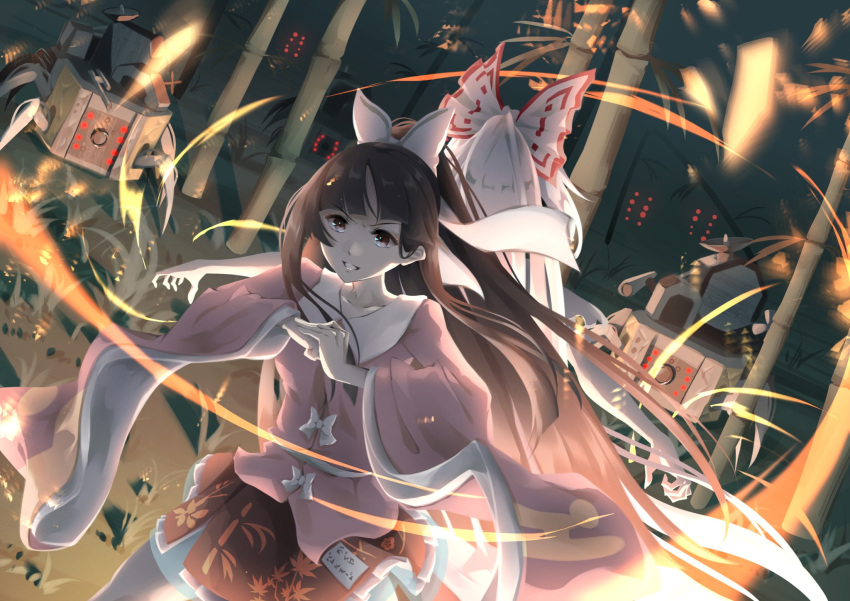 2girls back-to-back bamboo bamboo_forest bamboo_print black_hair brown_eyes collarbone fire forest fujiwara_no_mokou glowing glowing_eyes grass hair_ribbon highres hime_cut houraisan_kaguya japanese_clothes long_hair long_sleeves looking_to_the_side multiple_girls nature night open_mouth otomeza_ryuseigun pink_shirt pyrokinesis red_skirt ribbon robot shirt skirt suspenders touhou white_hair white_shirt wide_sleeves