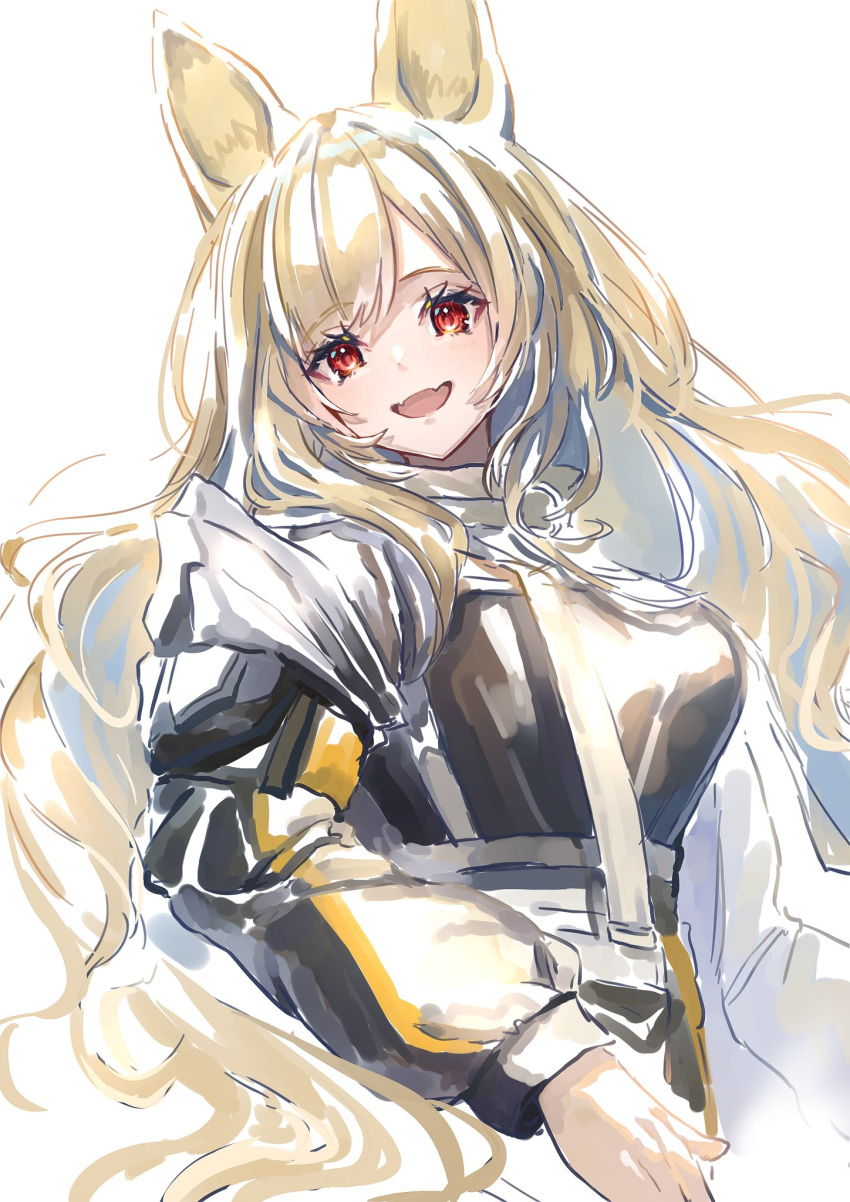 1girl animal_ears arknights bangs black_jacket blonde_hair breasts ceobe_(arknights) commentary dog_ears eyebrows_visible_through_hair fang highres jacket large_breasts long_hair long_sleeves looking_at_viewer nanaponi open_mouth red_eyes simple_background skin_fang smile solo upper_body white_background