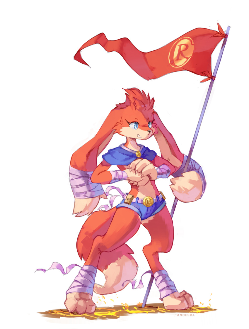 1girl absurdres ancesra animal_ears animal_feet animal_hands animal_nose artist_name bandaged_arm bandaged_ear bandaged_leg bandages belt belt_pouch blue_capelet blue_eyes blue_shorts body_fur capelet claws commentary commission cracking_knuckles english_commentary flag flagpole flat_chest fox_ears fox_girl fox_tail full_body furry furry_female grin hands_together hands_up happy highres molten_rock original planted pouch red_fur redhead short_hair short_shorts shorts sideways_mouth simple_background sketch smile snout solo standing tail teeth watermark white_background