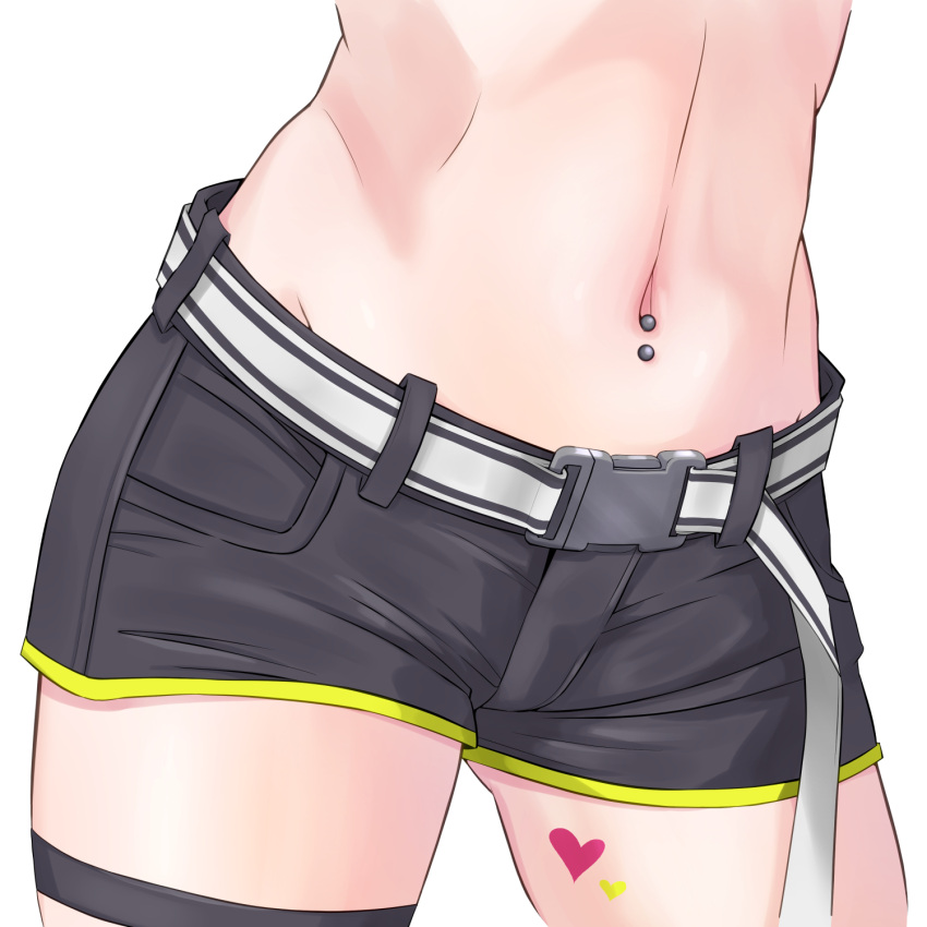 1girl belt black_shorts close-up commentary_request groin heart heart_tattoo highres hololive leg_tattoo navel navel_piercing piercing shorts simple_background snap-fit_buckle solo stomach tattoo thigh_strap tokoyami_towa virtual_youtuber wagahai_karen white_background