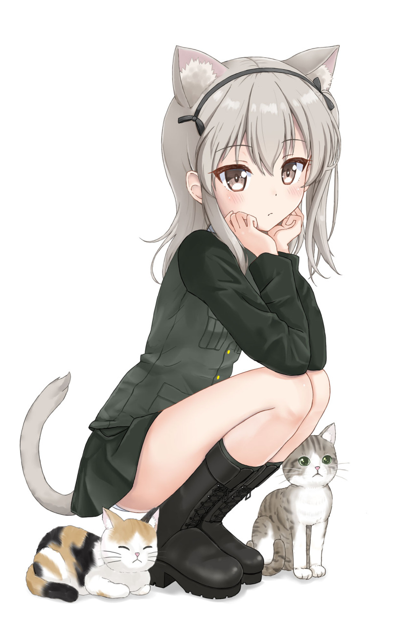 1girl animal animal_ears ass bangs black_bow black_footwear black_hairband black_jacket black_skirt blush boots bow brown_eyes cat cat_ears cat_girl cat_tail closed_mouth commentary_request cross-laced_footwear eyebrows_visible_through_hair flipper full_body girls_und_panzer grey_hair hair_between_eyes hair_bow hairband hands_up highres jacket kemonomimi_mode lace-up_boots long_hair long_sleeves one_side_up panties pleated_skirt shadow shimada_arisu skirt solo squatting tail underwear white_background white_panties