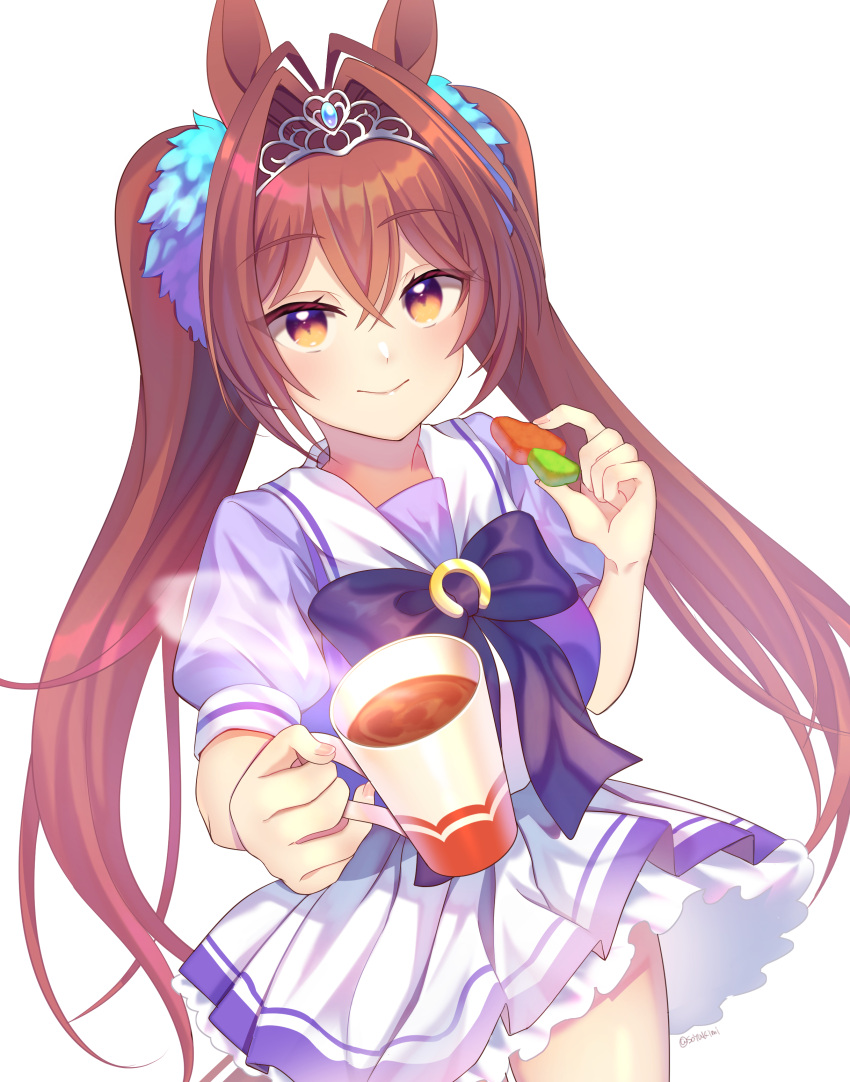 1girl absurdres animal_ears bangs brown_hair carrot closed_mouth commentary_request cowboy_shot cup daiwa_scarlet_(umamusume) hair_intakes hair_ornament highres holding holding_cup horse_ears horseshoe_ornament kona_(soyakimi) long_hair looking_at_viewer multicolored multicolored_eyes petticoat pleated_skirt puffy_short_sleeves puffy_sleeves purple_ribbon purple_skirt reaching_out ribbon sailor_collar school_uniform short_sleeves signature simple_background skirt smile solo steam tiara tracen_school_uniform twintails umamusume very_long_hair white_background