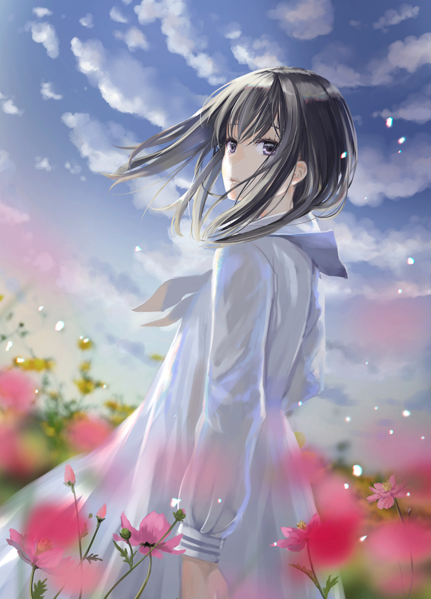1girl bangs black_hair blue_sky closed_mouth clouds cloudy_sky commentary_request day dress eyebrows_visible_through_hair flower highres long_sleeves looking_at_viewer looking_to_the_side naruse_chisato original outdoors pink_flower puffy_long_sleeves puffy_sleeves sailor_collar sailor_dress sky solo violet_eyes white_dress white_sailor_collar
