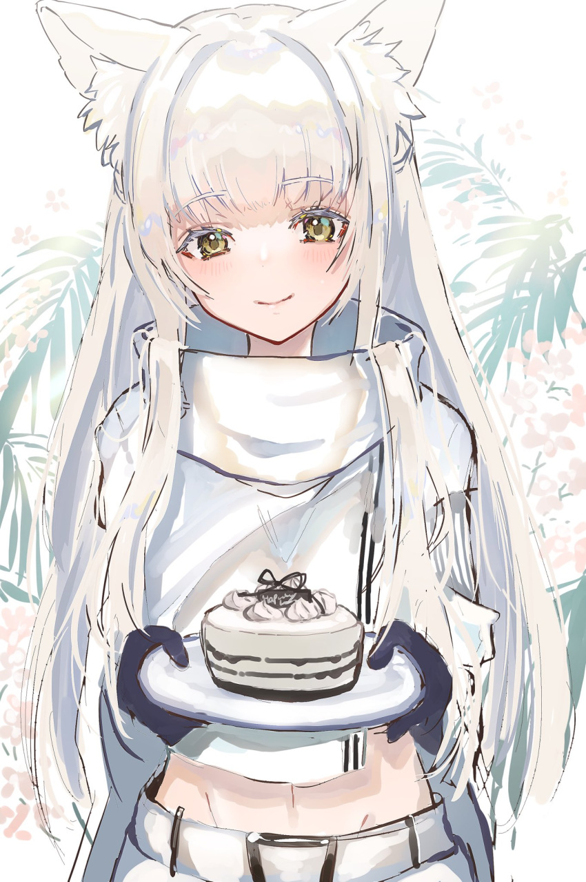 1girl animal_ear_fluff animal_ears arknights bangs black_gloves cake closed_mouth commentary_request cropped_jacket eyebrows_visible_through_hair food gloves highres holding holding_plate horse_ears jacket long_hair long_sleeves looking_at_viewer midriff nanaponi palm_leaf plate platinum_(arknights) smile solo upper_body white_background white_hair white_jacket yellow_eyes