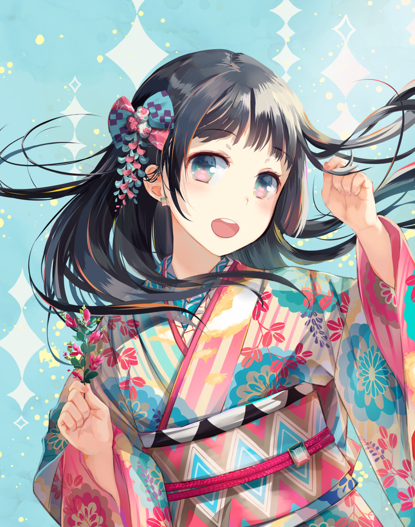 1girl :d bangs black_hair blue_eyes commentary_request eyebrows_visible_through_hair floating_hair floral_print flower hands_up highres holding holding_flower japanese_clothes kimono long_hair long_sleeves looking_at_viewer naruse_chisato obi open_mouth original print_kimono red_flower sash smile solo striped tourmaline upper_teeth vertical-striped_kimono vertical_stripes wide_sleeves
