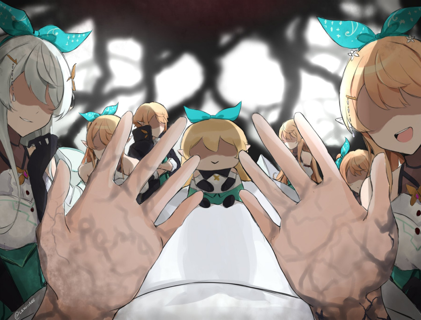 1other 6+girls bare_shoulders black_gloves blonde_hair bow character_name chibi coat dress elbow_gloves english_commentary faceless faceless_female gloves green_ribbon green_skirt grey_hair hair_bow hands_up highres lendivere long_hair multiple_girls multiple_persona nijisanji nijisanji_en no_eyes open_mouth pointy_ears pomu_rainpuff popped_collar pov ribbon shaded_face silver_hair skirt smile smille smirk virtual_youtuber walfie_(style)