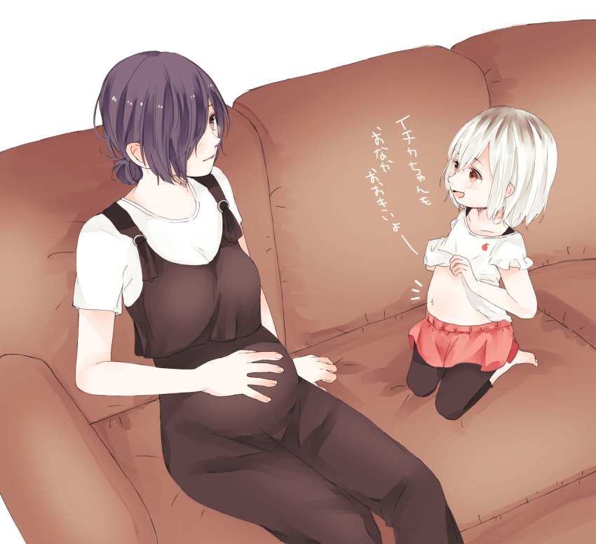 2girls bangs black_legwear black_pants blush breasts brown_eyes cherry_print child commentary_request couch food_print hair_bun hand_on_own_stomach highres kaneki_ichika kirishima_touka large_breasts looking_at_another mother_and_daughter multiple_girls navel open_mouth pants pink_skirt pregnant seiza shirt short_hair short_sleeves sitting skirt stomach tokyo_ghoul tokyo_ghoul:re toukaairab translated white_background white_shirt