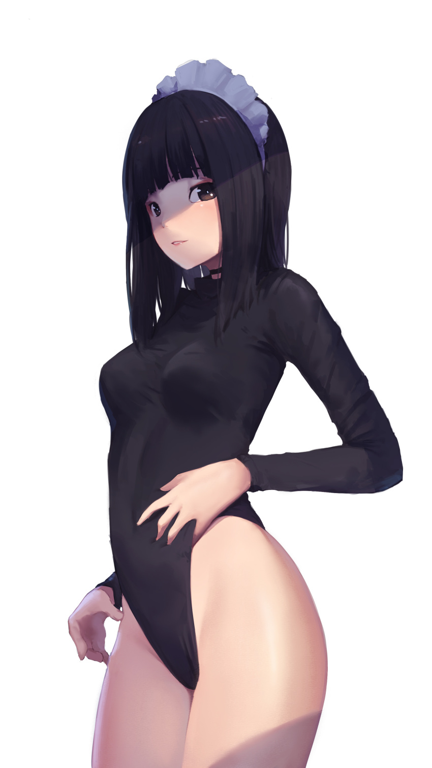 1girl absurdres bangs black_choker black_hair black_leotard blunt_bangs breasts brown_eyes choker closed_mouth cowboy_shot english_commentary from_side hand_on_own_stomach highleg highleg_leotard highres leotard long_hair long_sleeves looking_at_viewer looking_to_the_side maid maid_headdress original photo-referenced rou_(rou22) shaded_face simple_background small_breasts solo standing thighs turtleneck white_background
