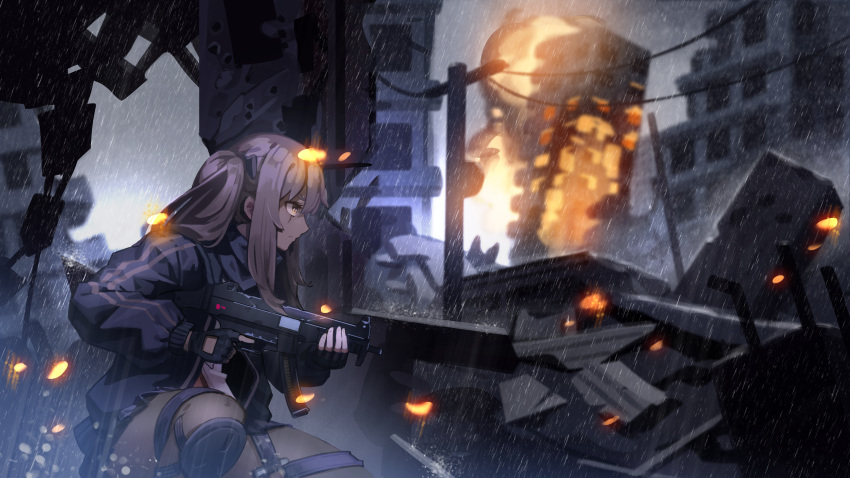 1girl bangs black_gloves black_legwear brown_hair city closed_mouth commentary_request day explosion expressionless feet_out_of_frame fingerless_gloves girls_frontline gloves gun h&amp;k_ump h&amp;k_ump9 hair_between_eyes hair_ornament highres holding holding_gun holding_weapon jacket knee_pads lim_jaejin long_hair looking_ahead pantyhose rain ruins scar scar_across_eye shirt solo submachine_gun twintails ump9_(girls_frontline) weapon white_shirt