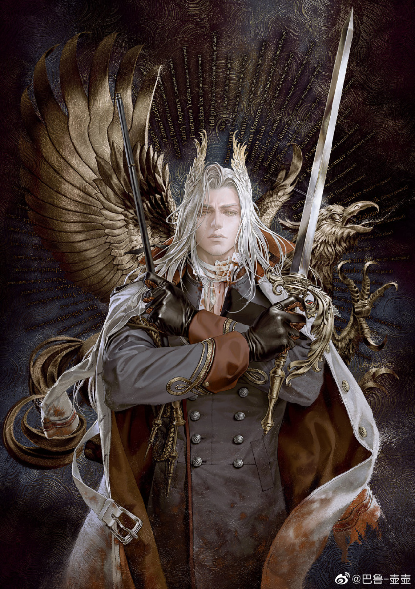 1boy animal_ears arknights balu_huhu black_gloves black_jacket blood blood_on_clothes crossed_arms dual_wielding gloves gold_trim hair_wings hellagur_(arknights) highres holding holding_sword holding_weapon horns jacket long_hair long_sleeves looking_at_viewer male_focus solo standing sword weapon weibo_username white_hair yellow_eyes younger
