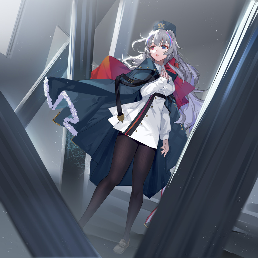 1girl animal_ears arknights bear_ears black_legwear blue_cape blue_eyes blue_hair bow brown_footwear buttons cape chinese_commentary coat commentary_request dutch_angle full_body grey_background grey_hair hand_on_own_chest hand_up heterochromia highres hongbaise_raw lips multicolored_hair pantyhose parted_lips pink_hair red_bow red_eyes redhead rosa_(arknights) shoes solo standing streaked_hair white_coat