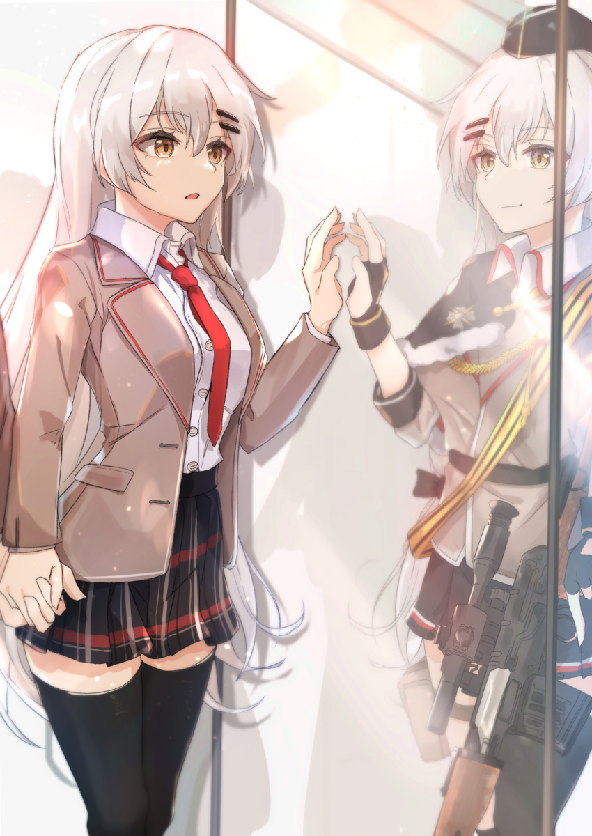 1girl absurdres black_gloves black_legwear black_skirt blazer brown_eyes collared_shirt dragunov_svd fingerless_gloves girls_frontline gloves grey_hair gun hair_ornament hairclip highres holding holding_gun holding_hands holding_weapon jacket long_hair long_sleeves miniskirt muteppona_hito necktie plaid plaid_skirt pleated_skirt red_neckwear reflection rifle scope shirt skirt sniper_rifle svd_(girls_frontline) thigh-highs weapon white_shirt