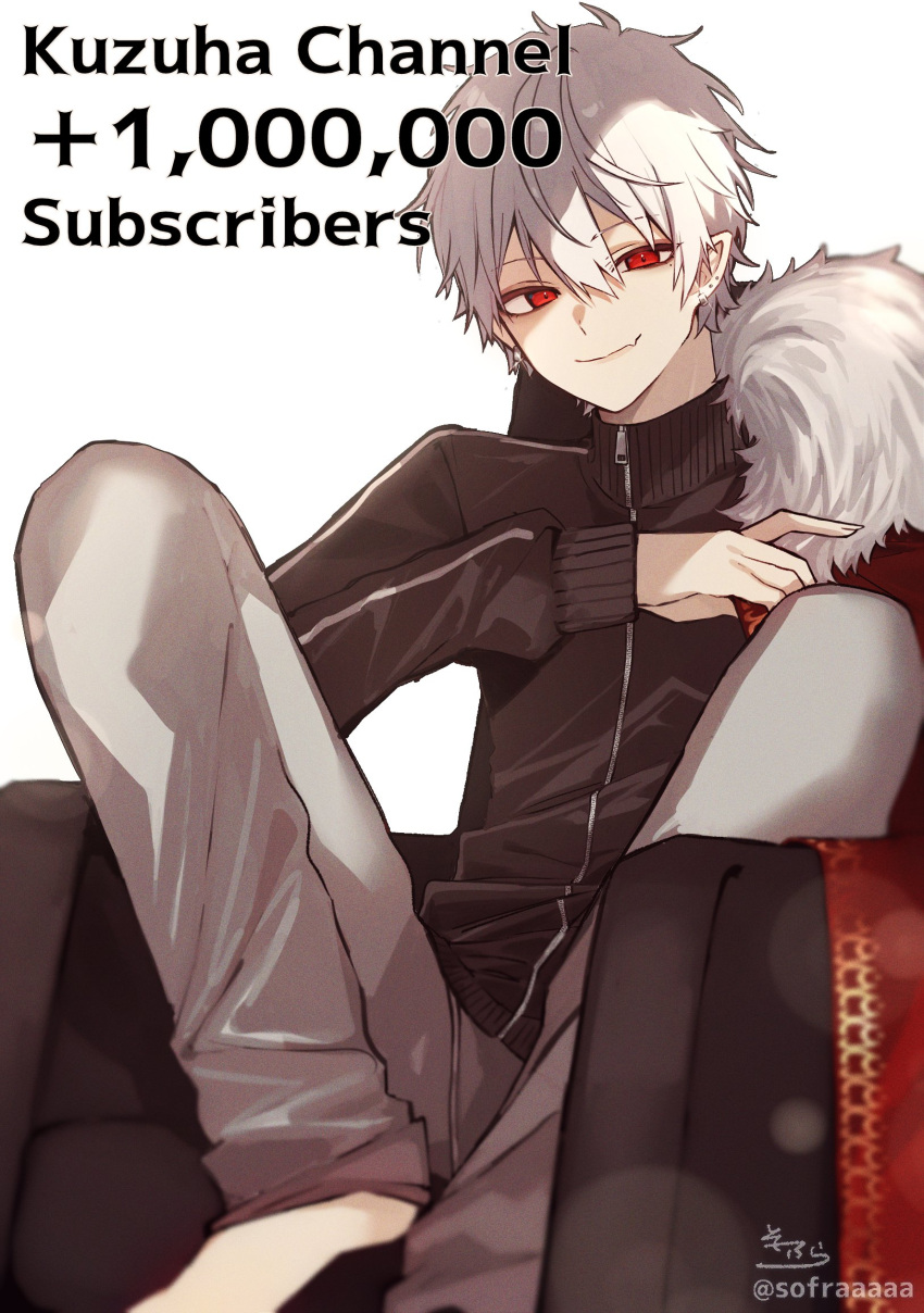 1boy armchair bangs barefoot black_jacket chair closed_mouth commentary_request eyebrows_visible_through_hair fang fang_out grey_hair grey_pants hair_between_eyes highres jacket kuzuha_(nijisanji) long_sleeves looking_at_viewer male_focus milestone_celebration nijisanji on_chair pants red_eyes signature simple_background sitting sleeves_past_wrists smile sofra solo track_jacket twitter_username virtual_youtuber white_background