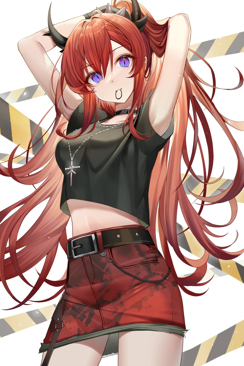 1girl absurdres arknights armpit_peek arms_up bare_arms belt black_choker black_shirt breasts choker cowboy_shot crop_top crop_top_overhang denim denim_skirt hair_tie_in_mouth high-waist_skirt highres horns ion_(on01e) jewelry long_hair looking_at_viewer medium_breasts midriff miniskirt mouth_hold necklace ponytail red_skirt redhead shirt short_sleeves skirt solo standing surtr_(arknights) surtr_(liberte_echec)_(arknights) very_long_hair violet_eyes