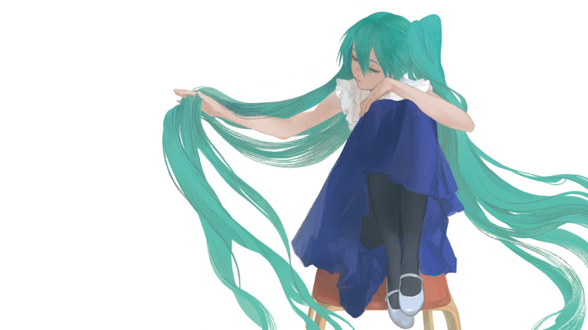 1girl absurdly_long_hair adjusting_hair alternate_costume aqua_hair arm_up backlighting bangs bare_arms bare_shoulders better_days_(vocaloid) black_legwear blue_footwear blue_skirt chair closed_eyes closed_mouth eyebrows facing_to_the_side floating_hair frilled_shirt frilled_sleeves frills full_body hair_between_eyes hair_tucking hand_in_hair hand_on_own_knee hand_up hatsune_miku highres knees_to_chest knees_up legs_together long_hair long_skirt mary_janes matayoshi negative_space outstretched_arm pantyhose shirt shoes simple_background sitting skirt sleeveless sleeveless_shirt solo twintails very_long_hair vocaloid wavy_hair white_background white_shirt