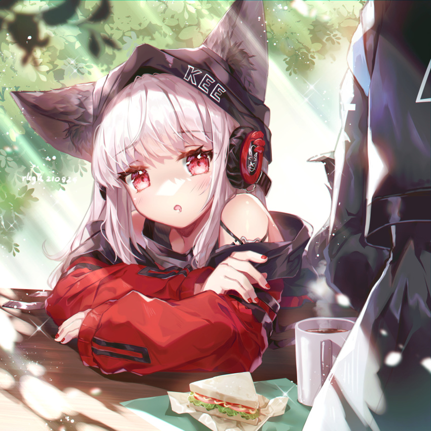 1girl animal_ears arknights arm_support arms_on_table bare_shoulders blush coffee_mug cup dappled_sunlight drooling ears_through_headwear eyebrows_visible_through_hair eyelashes eyes_visible_through_hair food fox_ears frostleaf_(arknights) head_tilt headphones highres leaf light_particles long_hair long_sleeves looking_at_viewer mug nail_polish ninjinshiru parted_lips red_eyes saliva sandwich solo_focus sunlight table white_hair