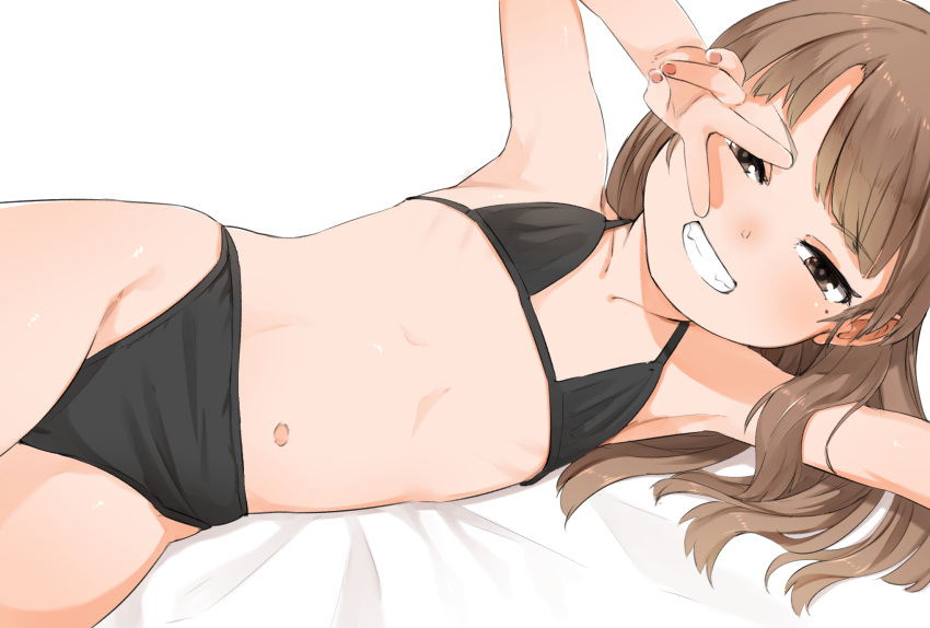 1girl armpits bangs bare_arms bare_shoulders bed_sheet bikini black_bikini brown_eyes brown_hair collarbone commentary_request cowboy_shot eyebrows_visible_through_hair grin half-closed_eyes highres long_hair looking_at_viewer navel nishiuri original smile solo swimsuit v_over_eye white_background