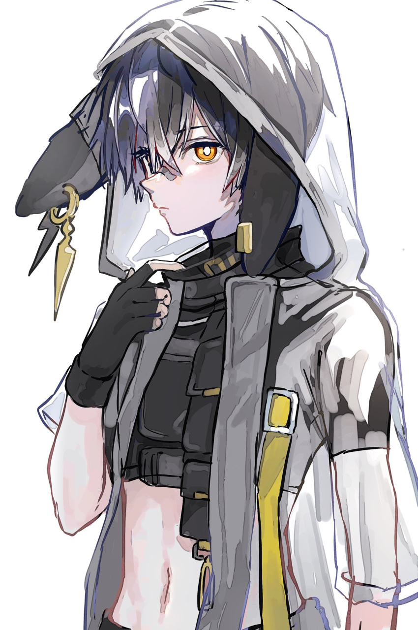 1boy animal_ears arknights asymmetrical_sleeves ayerscarpe_(arknights) bandaid bandaid_on_nose black_gloves black_hair black_shirt bright_pupils closed_mouth commentary crop_top ear_piercing expressionless fingerless_gloves gloves hand_up highres hood hood_up hooded_jacket jacket looking_at_viewer male_focus midriff nanaponi navel orange_eyes piercing rabbit_ears see-through see-through_jacket shirt short_hair short_sleeves solo upper_body white_pupils