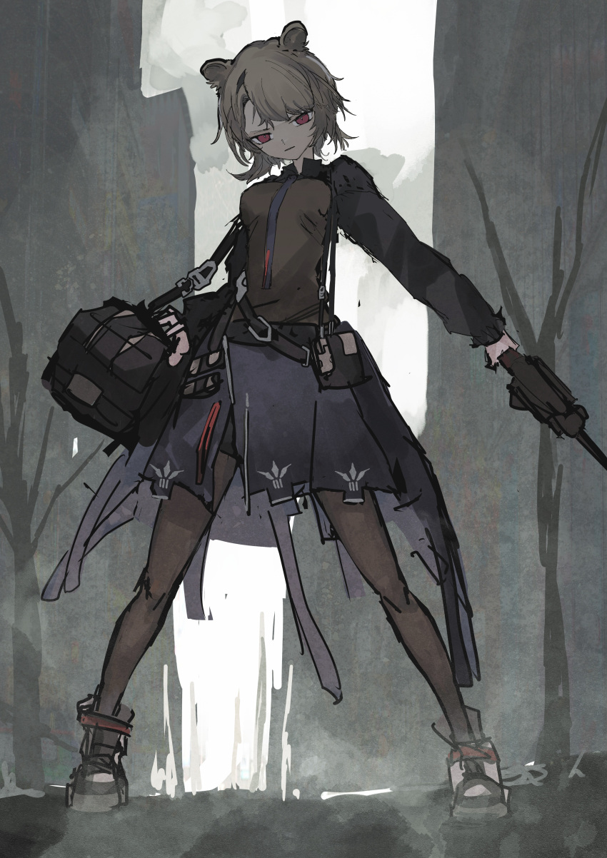 1girl absinthe_(arknights) absurdres animal_ears arknights bag bear_ears belt_pouch black_footwear black_legwear black_shirt black_skirt boots closed_mouth commentary_request full_body grey_hair gun highres holding holding_gun holding_weapon kensei_(v2) legs_apart long_sleeves looking_at_viewer pantyhose pouch red_eyes shirt short_hair shoulder_bag skirt solo standing weapon