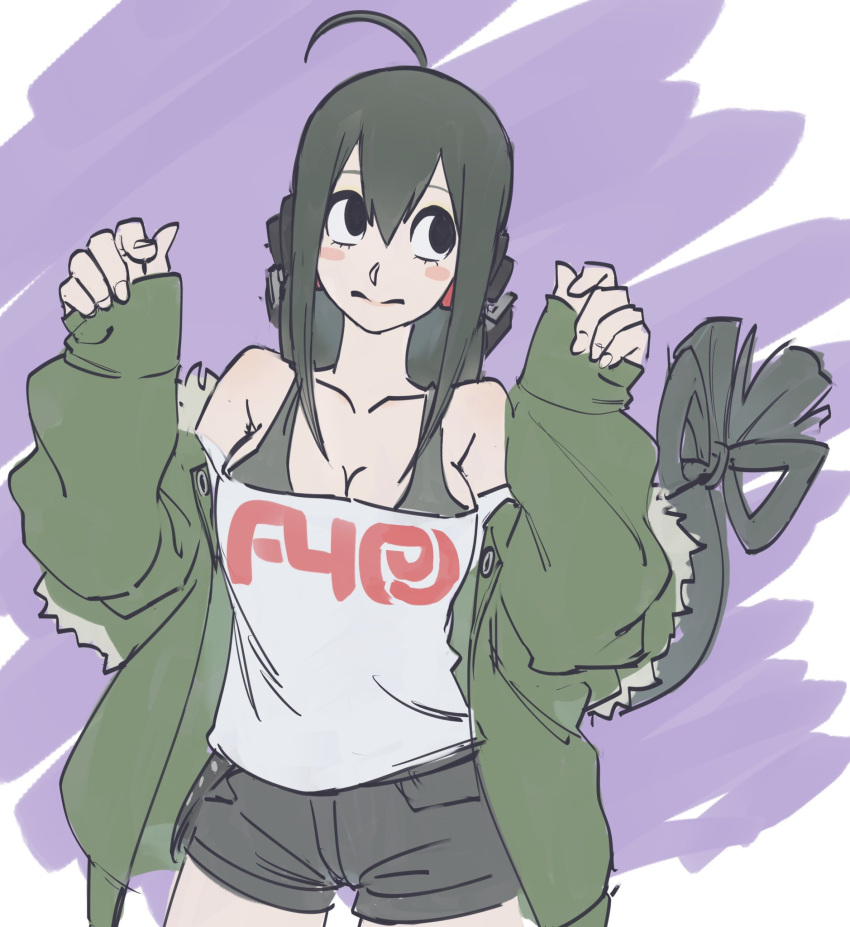 1girl ahoge asui_tsuyu black_eyes blush boku_no_hero_academia cosplay green_hair green_jacket hair_between_eyes highres jacket long_hair low-tied_long_hair persona persona_5 poechan_chan sakura_futaba sakura_futaba_(cosplay) shirt short_shorts shorts simple_background solo voice_actor_connection white_shirt