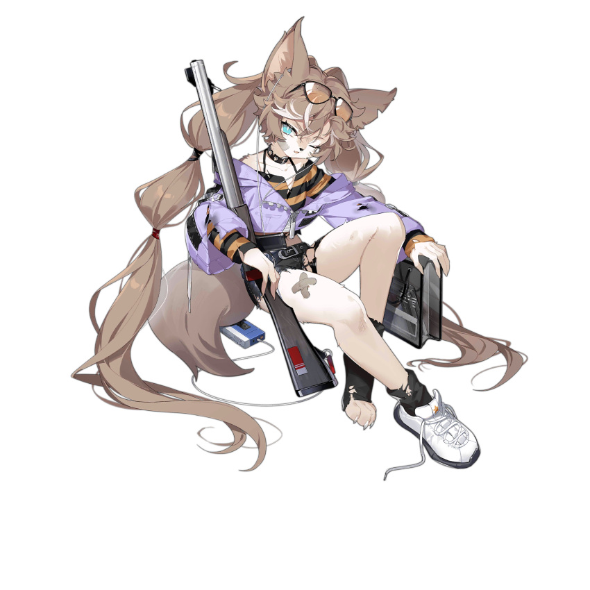 1girl animal_ears animal_feet animal_nose bag bandaid bandaid_on_leg belt black_belt black_collar black_legwear black_shirt black_shorts blue_eyes brown_hair collar collarbone cropped_jacket crossed_bandaids damaged de_lisle_(coyote_blues)_(girls_frontline) de_lisle_(girls_frontline) de_lisle_carbine digital_media_player earphones earphones eyewear_on_head full_body furrification furry furry_female game_cg girls_frontline gun hair_between_eyes highres holding holding_gun holding_weapon jacket knee_up long_hair looking_at_viewer micro_shorts midriff mole mole_under_eye multicolored_hair navel official_art one_eye_closed purple_jacket shirt shoes shopping_bag shorts shoulder_bag simple_background sitting socks solo streaked_hair striped striped_shirt sunglasses tail torn_clothes torn_jacket torn_legwear torn_shorts transparent_background unagi_(nakaelric) untied_footwear very_long_hair weapon white_footwear white_hair wolf_ears wolf_girl wolf_tail zipper_pull_tab