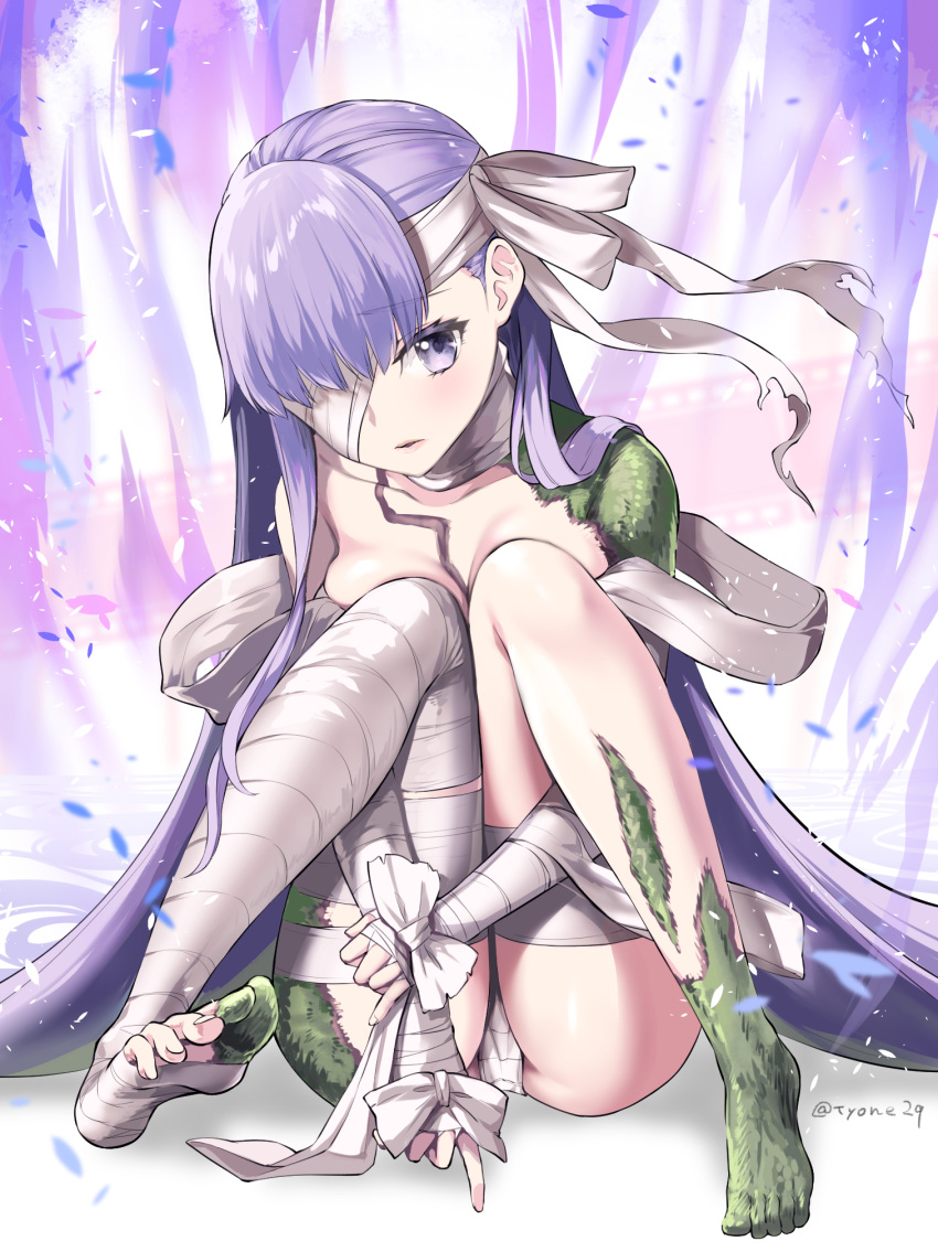 1girl bandage_over_one_eye bandaged_arm bandaged_head bandaged_leg bandages bangs blush breasts fate/extra fate/extra_ccc fate/extra_ccc_fox_tail fate_(series) giant giantess highres kingprotea_(fate) knees_up legs long_hair looking_at_viewer moss naked_bandage parted_lips purple_hair sitting small_breasts tyone very_long_hair violet_eyes