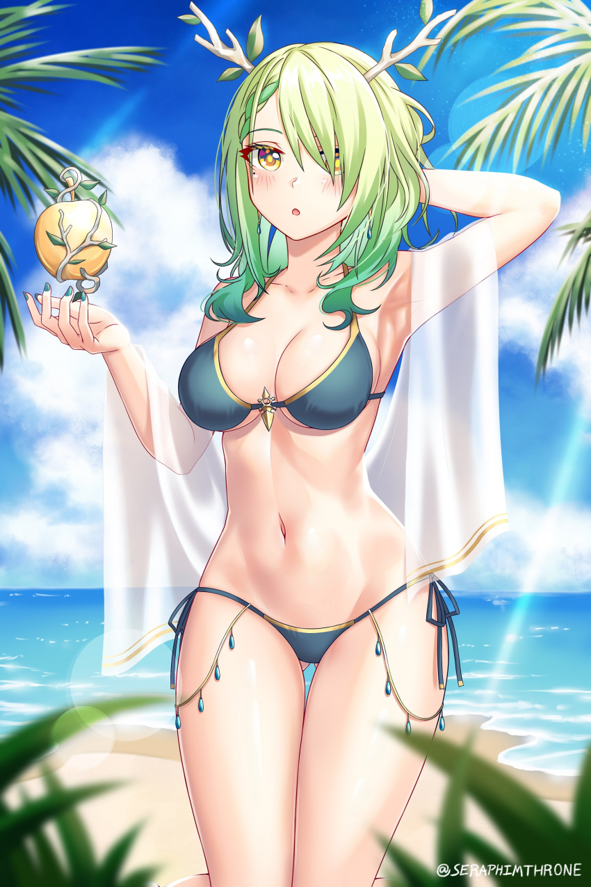 1girl absurdres antlers apple arm_behind_head beach blue_sky ceres_fauna food fruit golden_apple green_hair highres hololive hololive_english navel seraphim_throne sky swimsuit thighs yellow_eyes