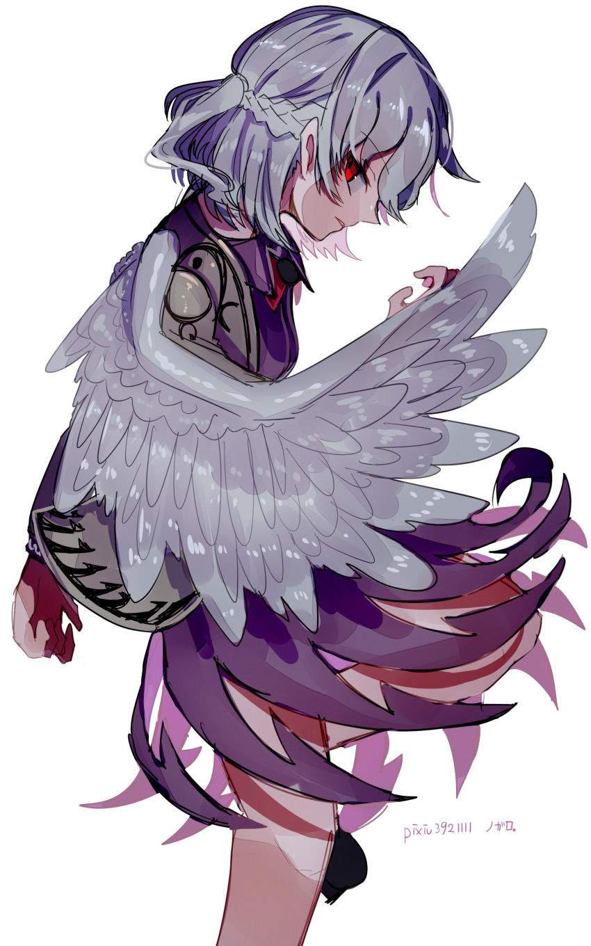 1girl absurdres angel_wings asuku_(69-1-31) beige_jacket bow braid dress expressionless eyebrows_visible_through_hair feathered_wings french_braid hair_between_eyes highres kishin_sagume long_sleeves looking_at_viewer pixiv_id purple_dress red_bow red_eyes red_neckwear shoes short_hair silver_hair simple_background single_wing touhou wings
