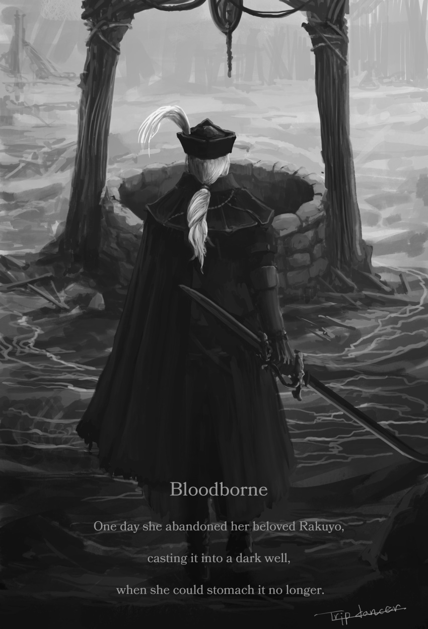 1girl artist_name bloodborne cape commentary copyright_name english_text from_behind full_body grey_theme hat hat_feather highres holding holding_sword holding_weapon lady_maria_of_the_astral_clocktower long_hair outdoors ponytail solo standing sword the_old_hunters tricorne tripdancer weapon well