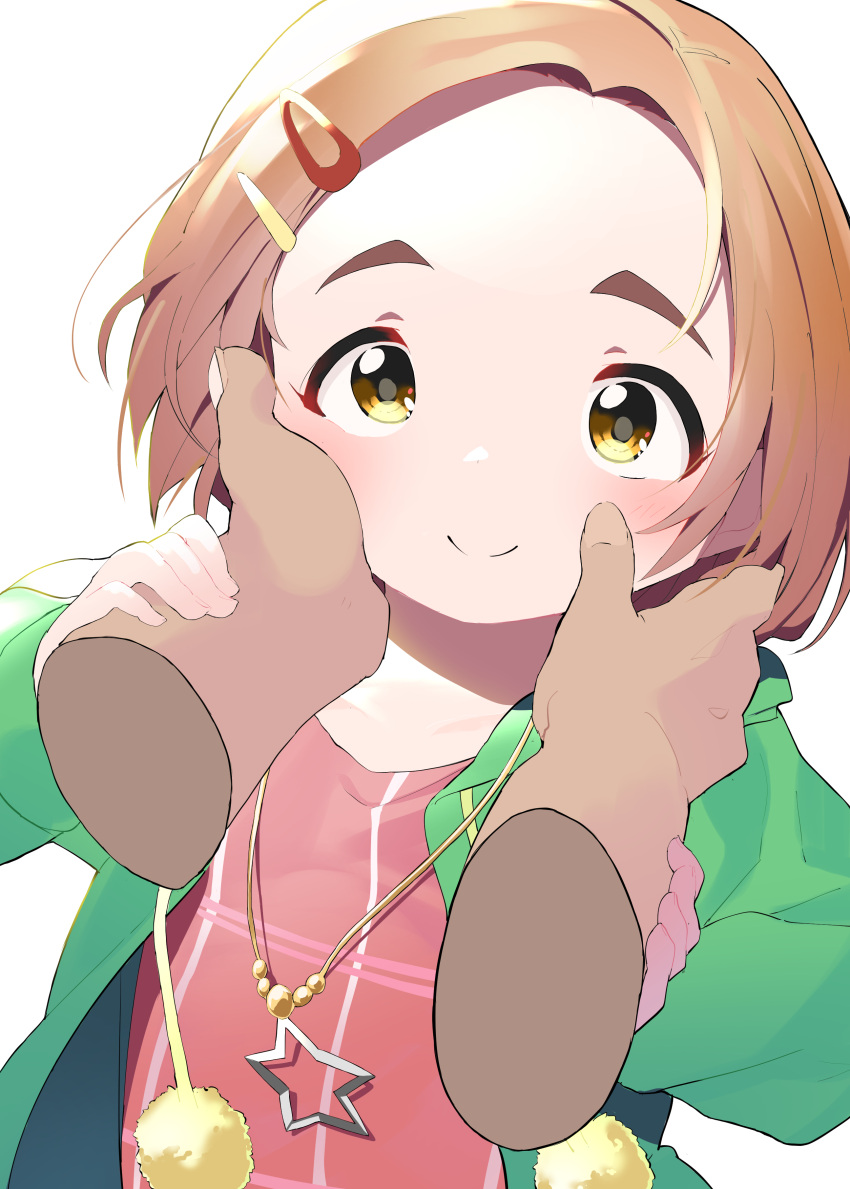 1girl 1other absurdres brown_hair cheek_squash disembodied_limb fuyubone hair_ornament hairclip hand_on_another's_arm hand_on_another's_cheek hand_on_another's_face hands highres idolmaster idolmaster_cinderella_girls jewelry necklace ryuuzaki_kaoru short_hair smile star_(symbol) tareme thick_eyebrows upper_body yellow_eyes