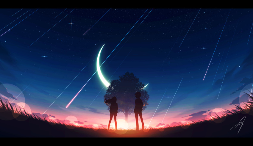 1boy 1girl clouds crescent_moon grass highres horizon moon nengoro night night_sky original scenery signature silhouette sky standing star_(sky) starry_sky sunset tree