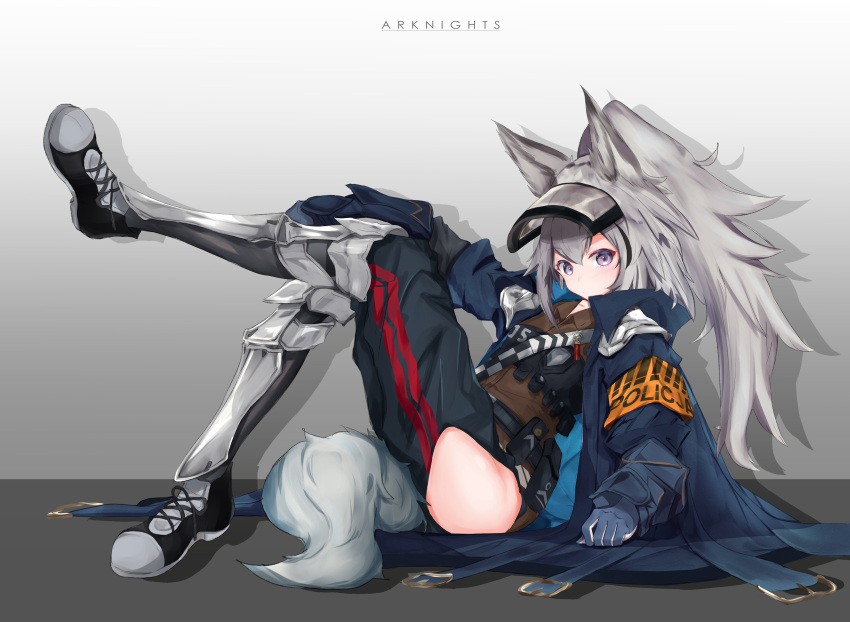 1girl absurdres animal_ears arknights armband armor asumi_maboroshi bangs blue_coat blue_pants breasts brown_shirt coat copyright_name flat_chest full_body gauntlets gloves grani_(arknights) greaves grey_eyes grey_footwear grey_gloves grey_hair highres hip_vent horse_ears horse_girl horse_tail leg_up long_hair looking_at_viewer multiple_straps open_clothes open_coat pants police police_uniform ponytail popped_collar shirt shoes shoulder_guard silver_hair sitting small_breasts sneakers solo tail uniform visor_cap