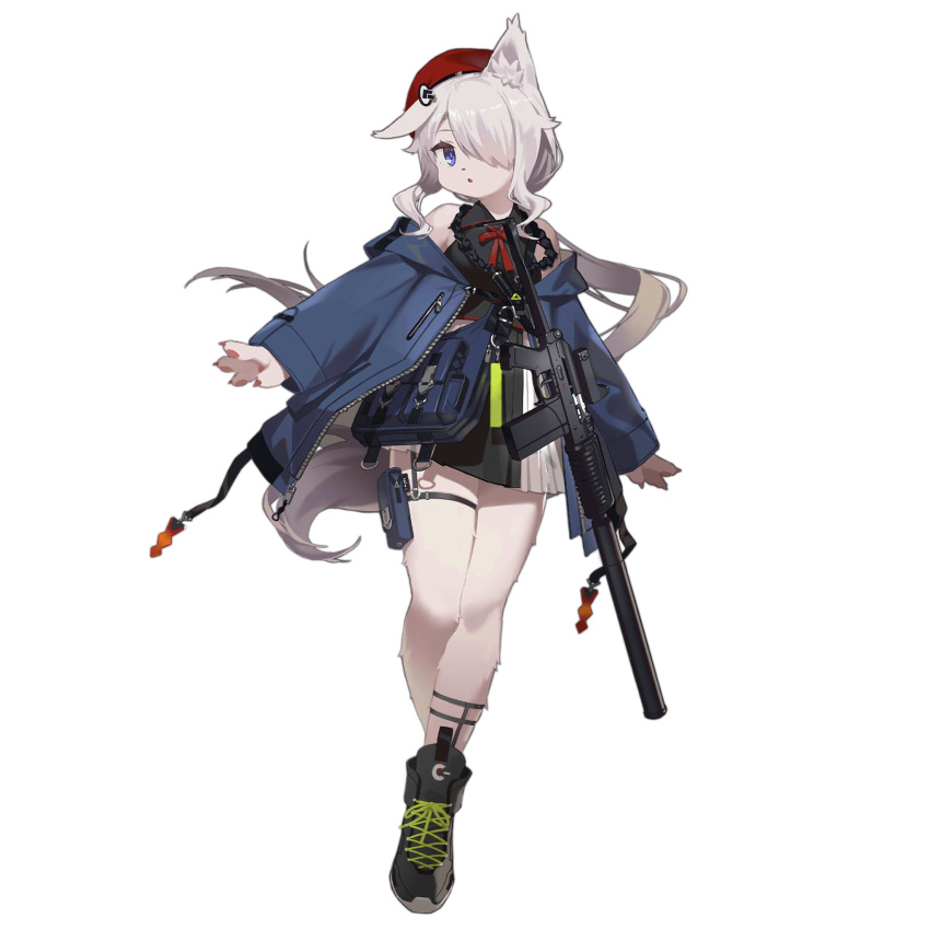 1girl 9a-91 9a-91_(girls_frontline) 9a-91_(travelling_with_a_loyal_friend)_(girls_frontline) :o animal_ear_request animal_ears animal_hands animal_nose assault_rifle bare_shoulders bere black_footwear black_jacket black_shirt blue_eyes bow bowtie fangdan_runiu full_body furrification furry furry_female girls_frontline gun hair_ornament hair_over_one_eye highres jacket long_hair looking_at_viewer open_clothes open_jacket red_bow red_headwear rifle shirt shoes simple_background sleeveless sleeveless_shirt solo standing tachi-e tail thigh_pouch thigh_strap transparent_background weapon