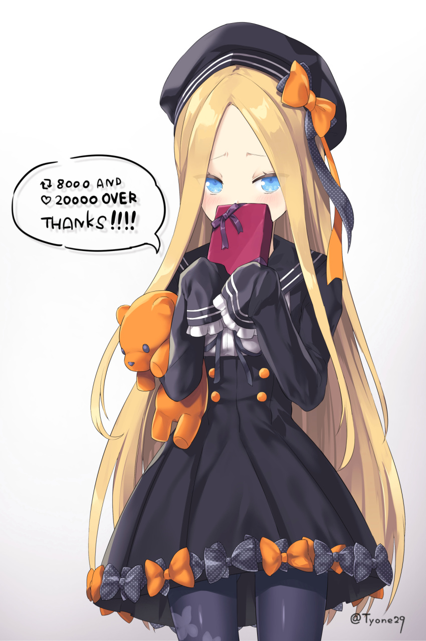 1girl abigail_williams_(fate) bangs beret black_bow black_dress black_headwear black_legwear blonde_hair blue_eyes blush bow box breasts buttons dress fate/grand_order fate_(series) forehead gift gift_box hair_bow hat highres long_hair long_sleeves looking_at_viewer multiple_bows orange_bow pantyhose parted_bangs sailor_collar sidelocks small_breasts speech_bubble stuffed_animal stuffed_toy teddy_bear thighs tyone underbust